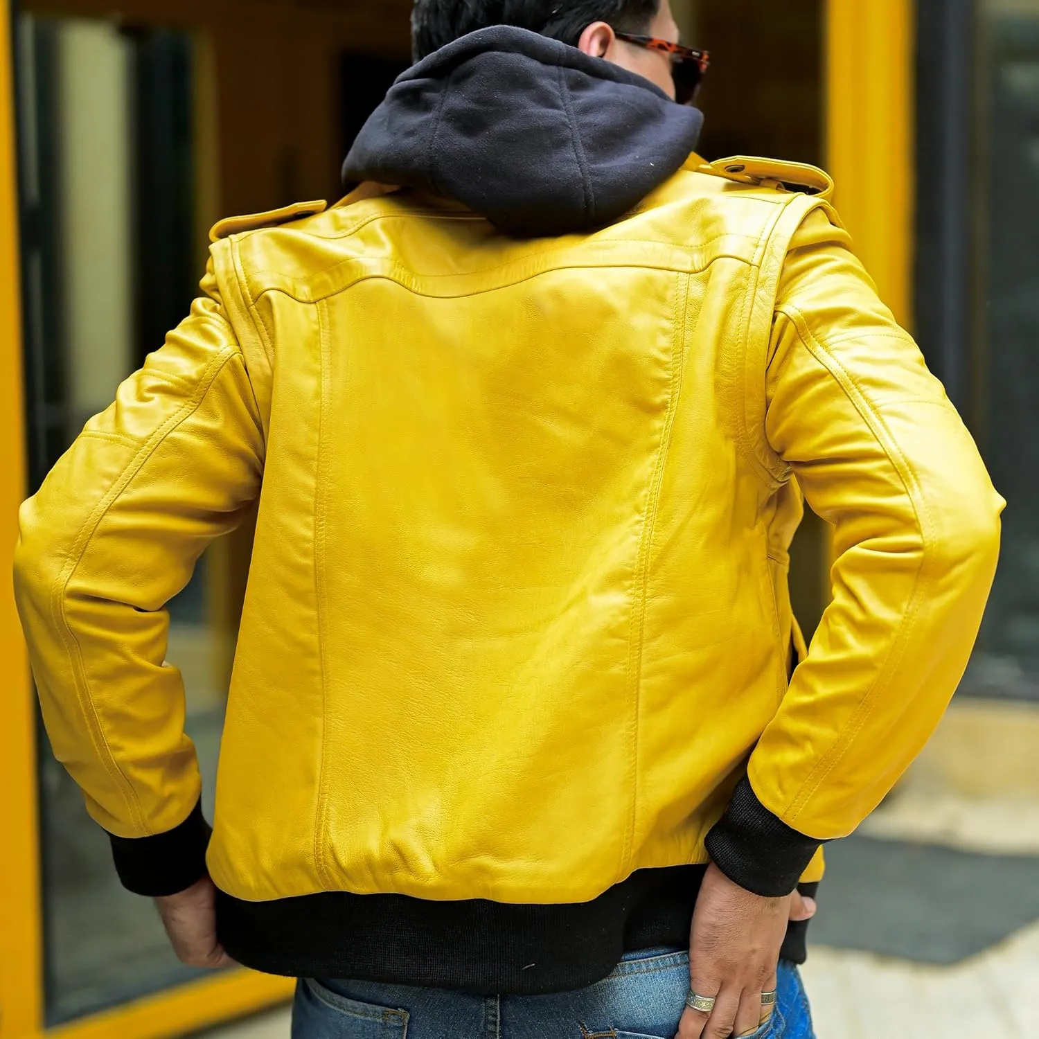 Jild Hooded 2.0 Leather Jacket Men - Genuine Lambskin Leather Bomber Jacket with Removable Hood for Mens Fashion