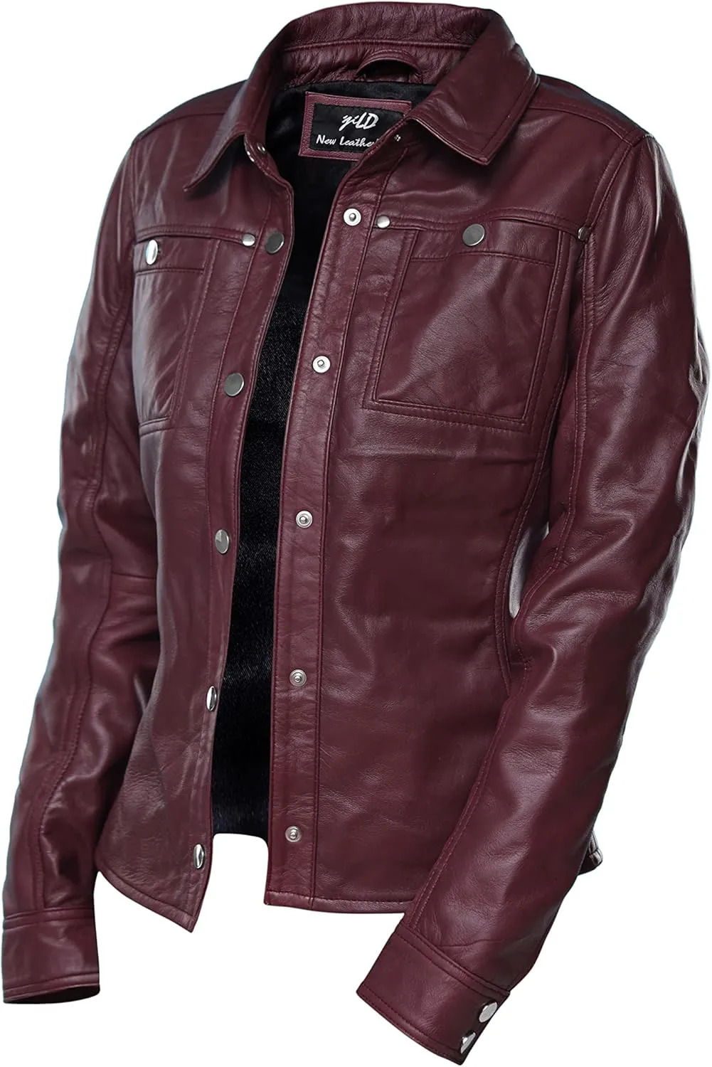 Jild Womens Button Front Lambskin Leather Jacket Shacket - Casual Shirt Long Sleeve Leather Jacket Women with Bust Pocket
