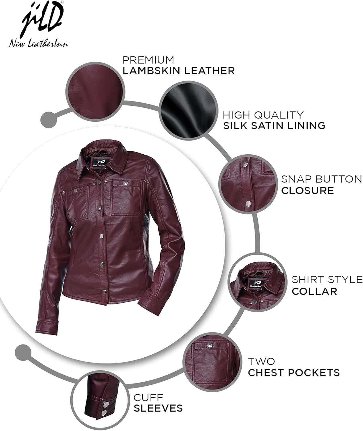 Jild Womens Button Front Lambskin Leather Jacket Shacket - Casual Shirt Long Sleeve Leather Jacket Women with Bust Pocket