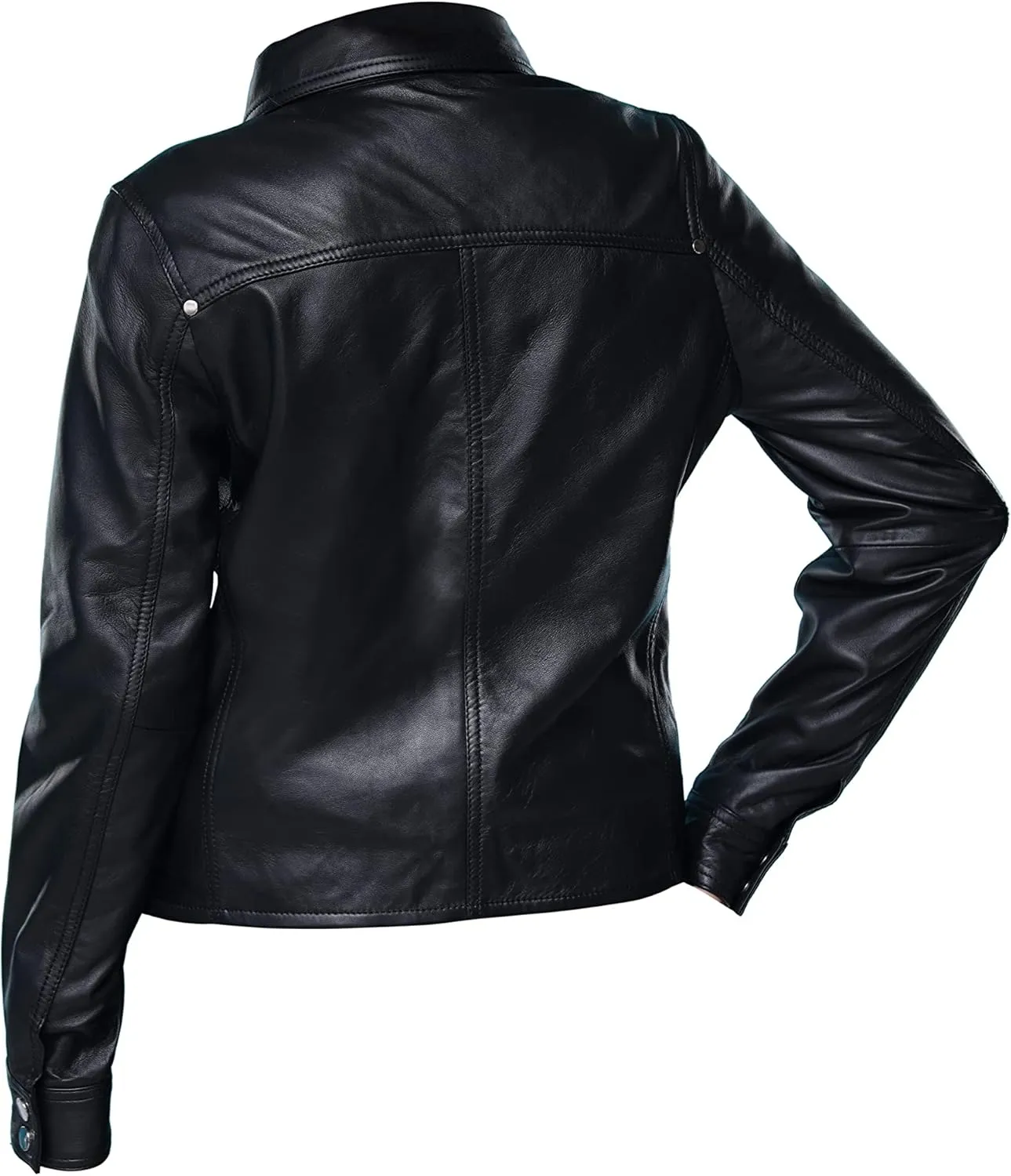 Jild Womens Button Front Lambskin Leather Jacket Shacket - Casual Shirt Long Sleeve Leather Jacket Women with Bust Pocket