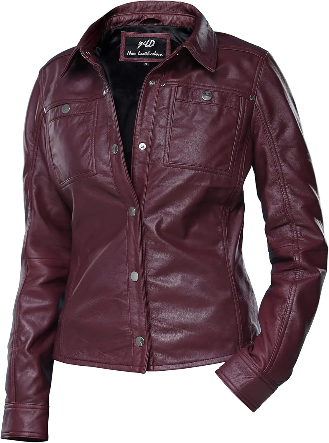 Jild Womens Button Front Lambskin Leather Jacket Shacket - Casual Shirt Long Sleeve Leather Jacket Women with Bust Pocket