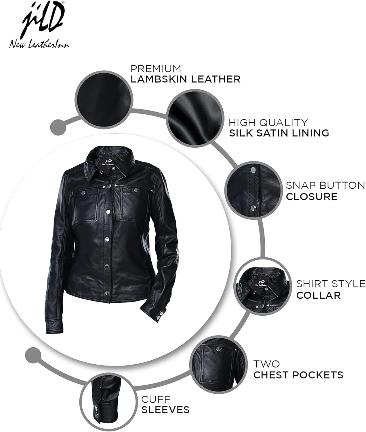 Jild Womens Button Front Lambskin Leather Jacket Shacket - Casual Shirt Long Sleeve Leather Jacket Women with Bust Pocket