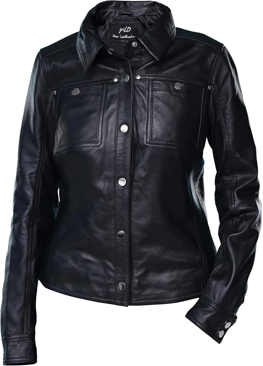 Jild Womens Button Front Lambskin Leather Jacket Shacket - Casual Shirt Long Sleeve Leather Jacket Women with Bust Pocket