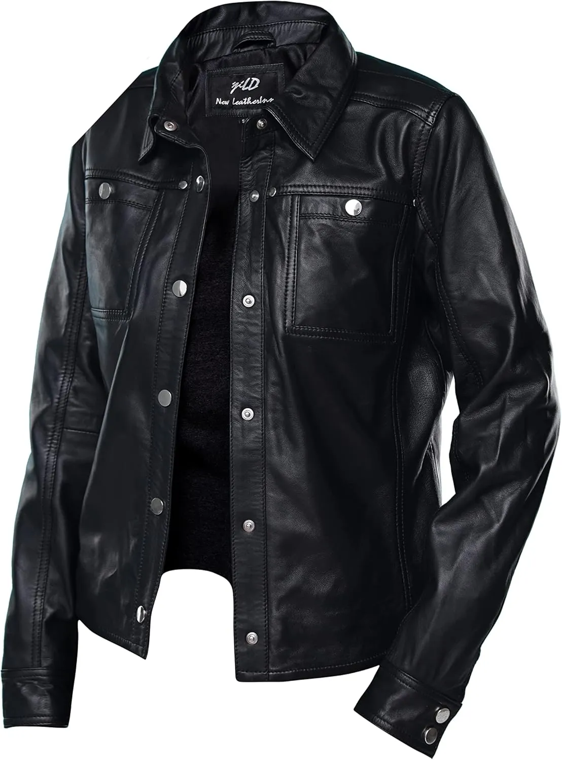 Jild Womens Button Front Lambskin Leather Jacket Shacket - Casual Shirt Long Sleeve Leather Jacket Women with Bust Pocket