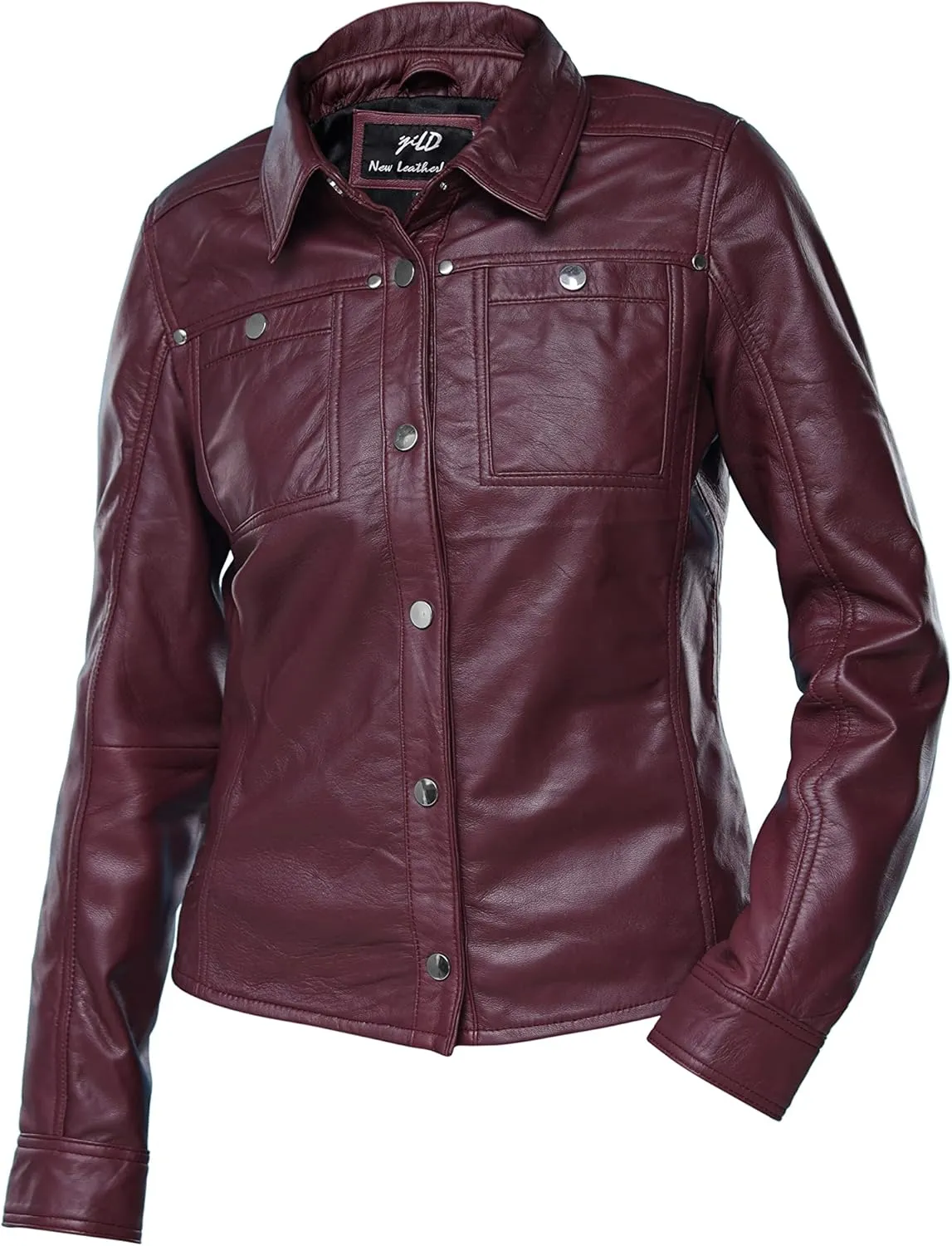 Jild Womens Button Front Lambskin Leather Jacket Shacket - Casual Shirt Long Sleeve Leather Jacket Women with Bust Pocket