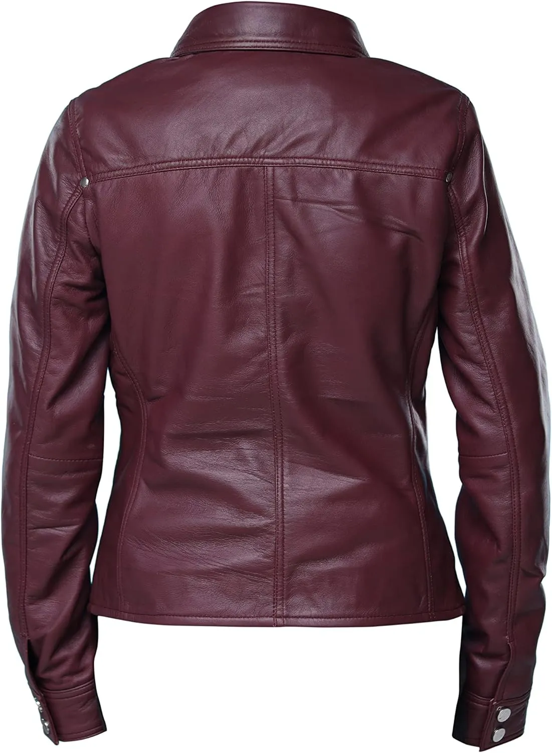Jild Womens Button Front Lambskin Leather Jacket Shacket - Casual Shirt Long Sleeve Leather Jacket Women with Bust Pocket