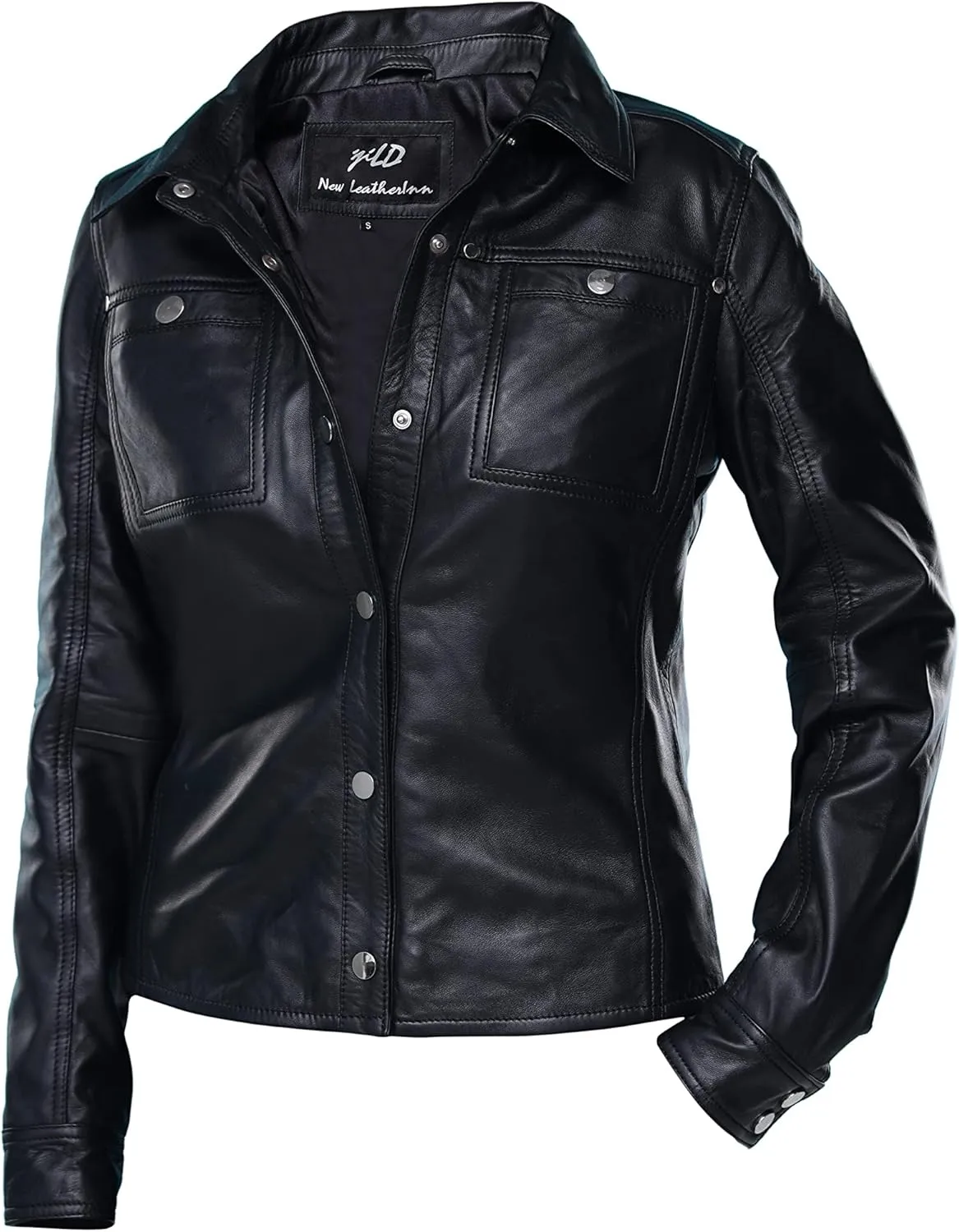 Jild Womens Button Front Lambskin Leather Jacket Shacket - Casual Shirt Long Sleeve Leather Jacket Women with Bust Pocket