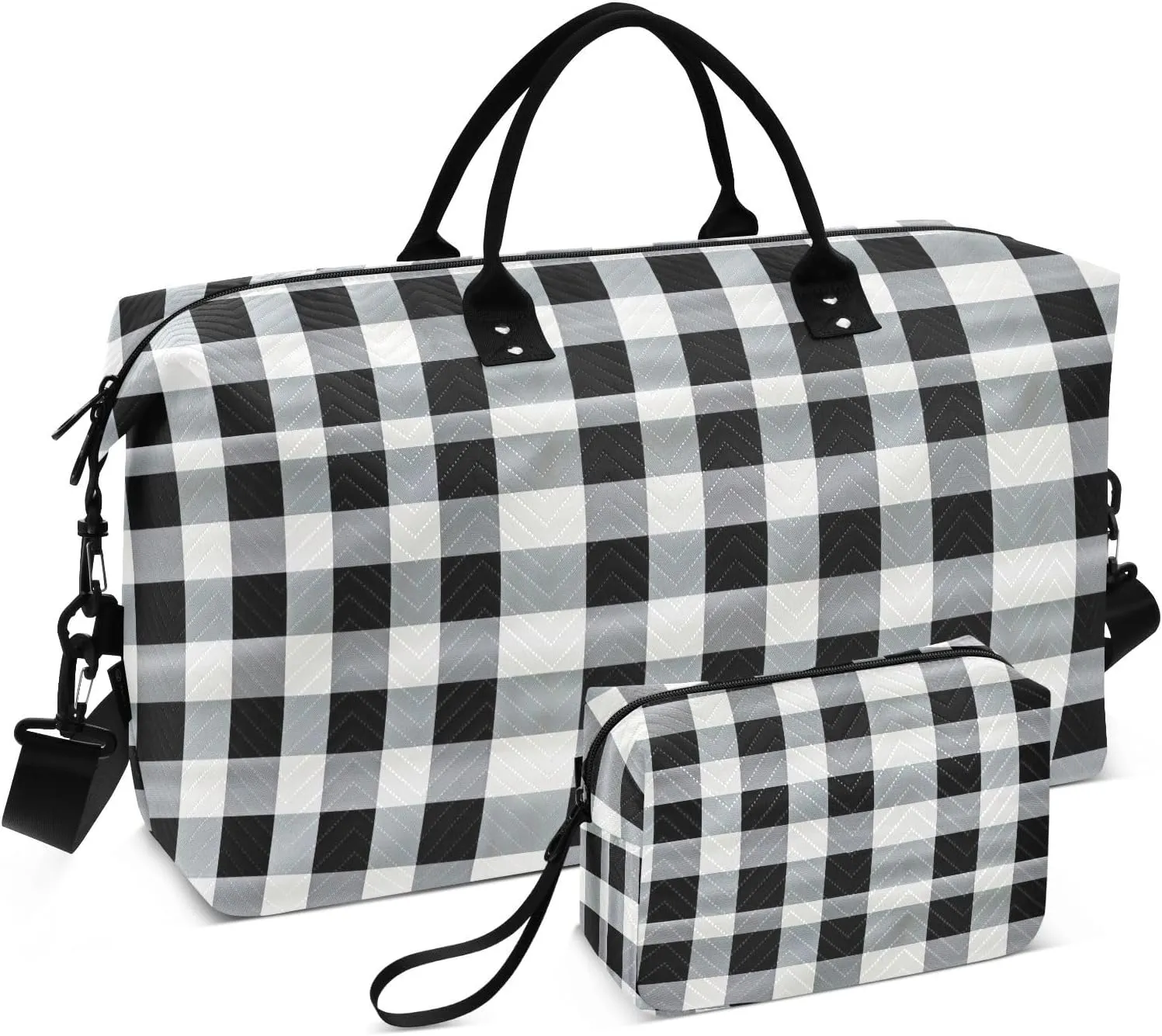 Joko Ivery White Black Plaid Travel Duffel Bags for Girls Boys 34L Weekender Overnight Bag with Toiletry Bag Travel Necessities with Comfort Handle for Travel Sports