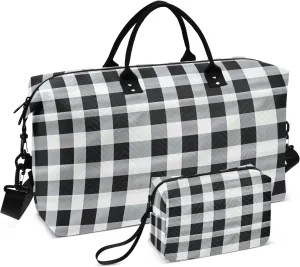 Joko Ivery White Black Plaid Travel Duffel Bags for Girls Boys 34L Weekender Overnight Bag with Toiletry Bag Travel Necessities with Comfort Handle for Travel Sports
