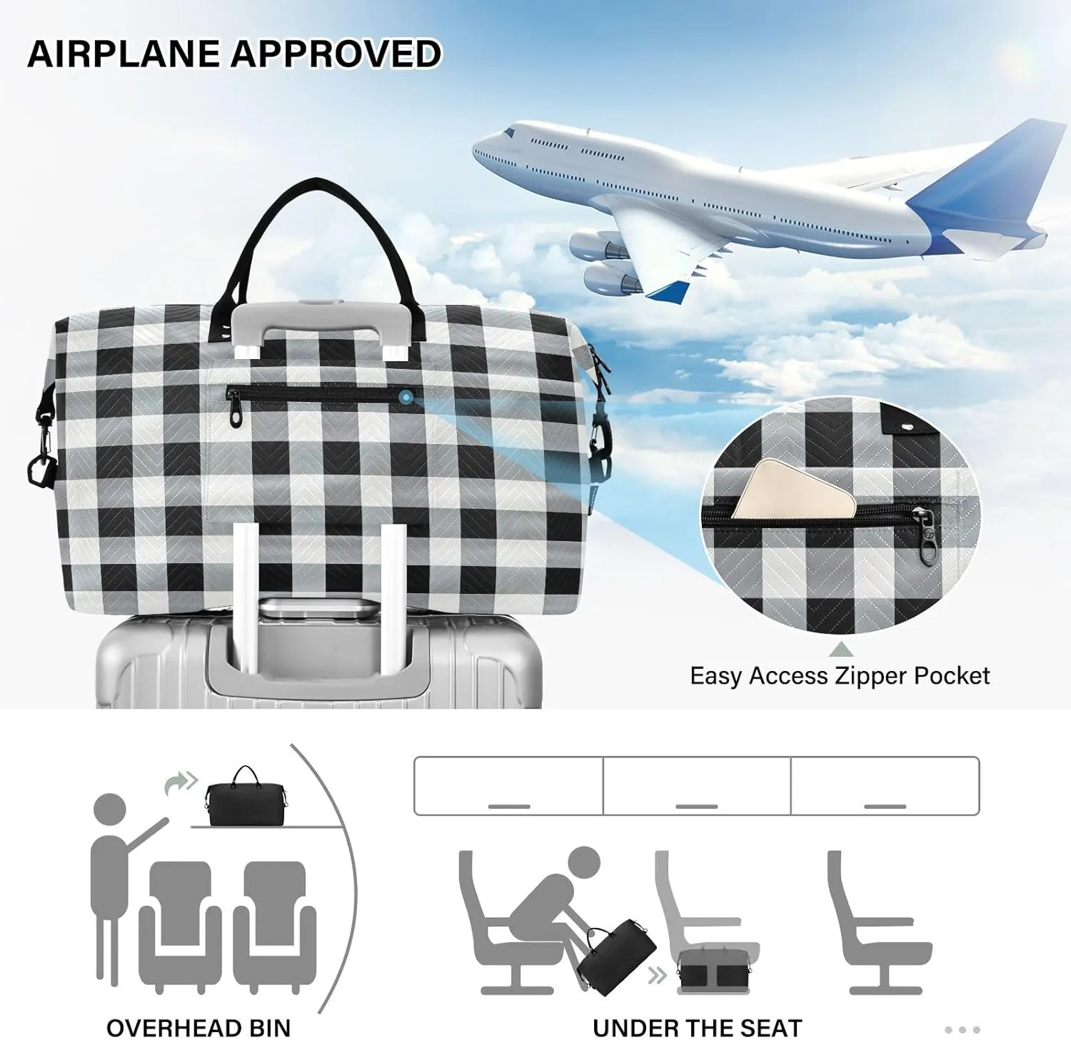 Joko Ivery White Black Plaid Travel Duffel Bags for Girls Boys 34L Weekender Overnight Bag with Toiletry Bag Travel Necessities with Comfort Handle for Travel Sports
