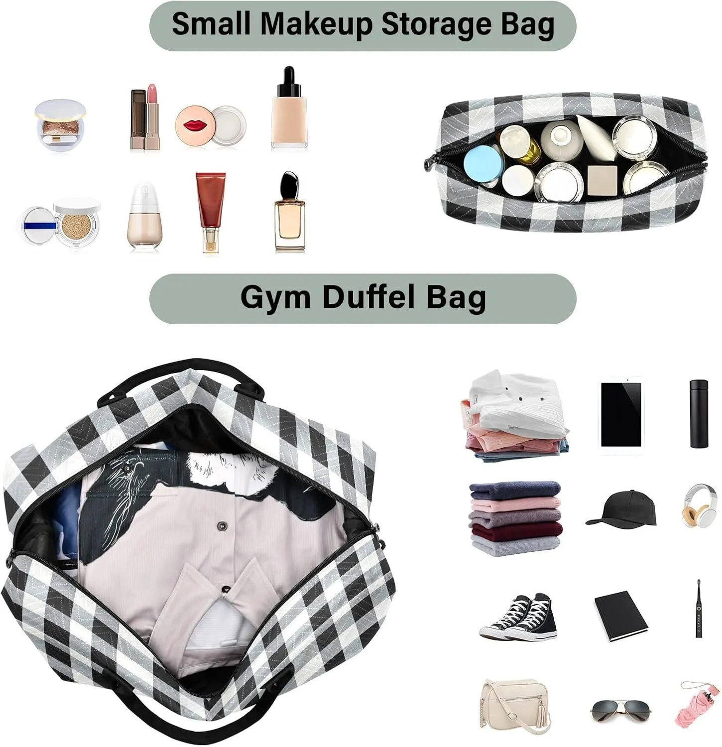 Joko Ivery White Black Plaid Travel Duffel Bags for Girls Boys 34L Weekender Overnight Bag with Toiletry Bag Travel Necessities with Comfort Handle for Travel Sports