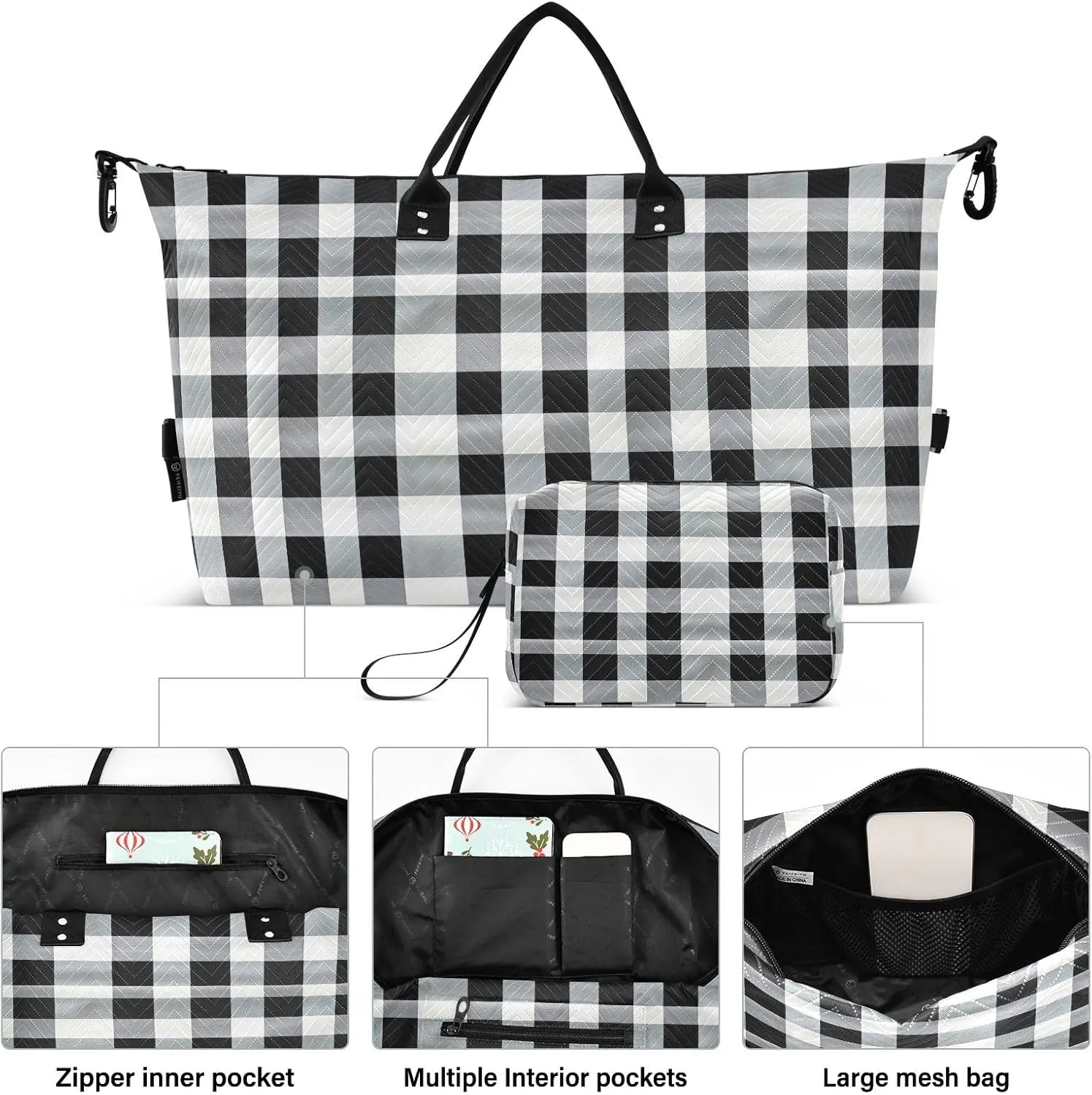 Joko Ivery White Black Plaid Travel Duffel Bags for Girls Boys 34L Weekender Overnight Bag with Toiletry Bag Travel Necessities with Comfort Handle for Travel Sports