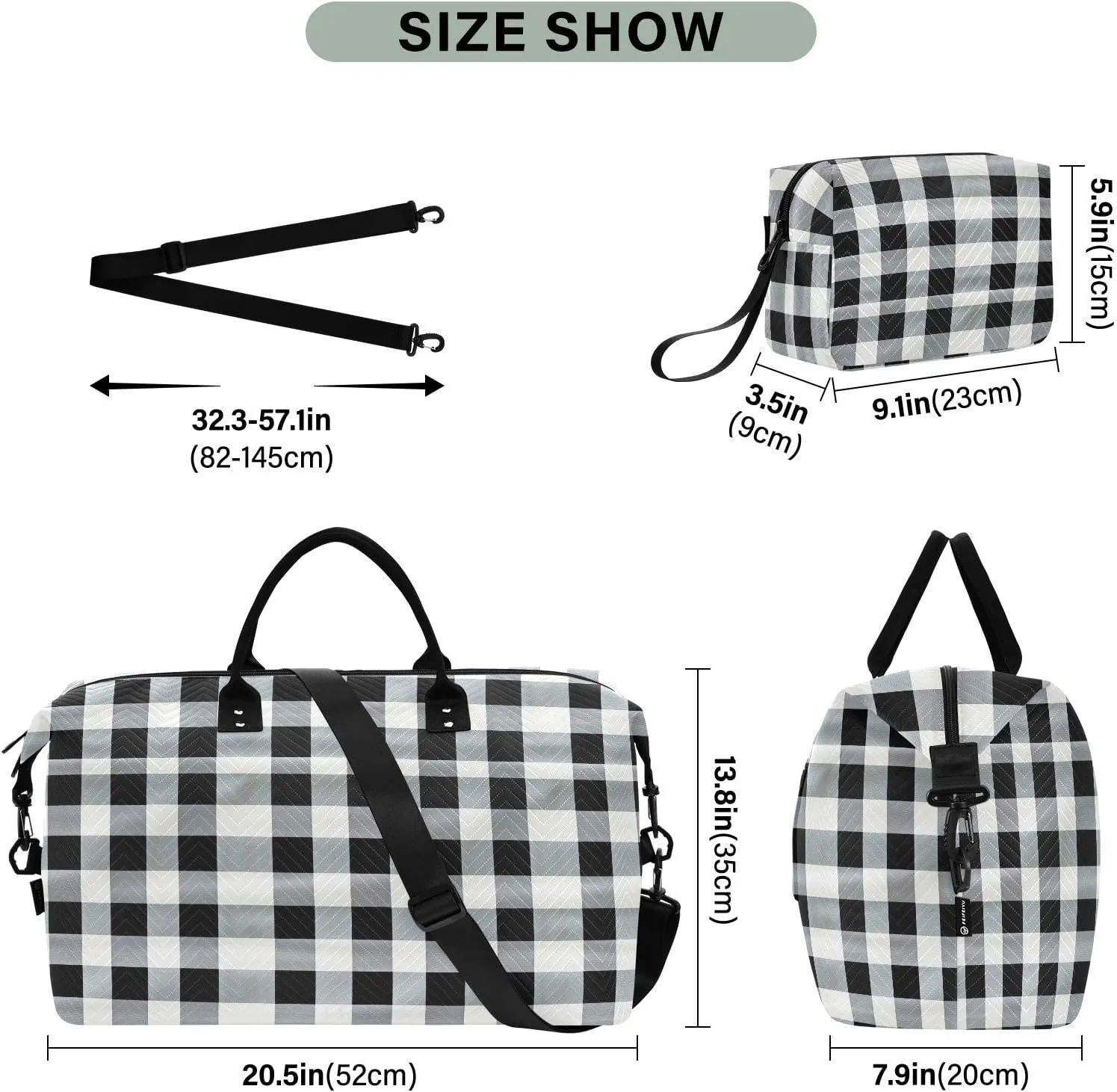 Joko Ivery White Black Plaid Travel Duffel Bags for Girls Boys 34L Weekender Overnight Bag with Toiletry Bag Travel Necessities with Comfort Handle for Travel Sports