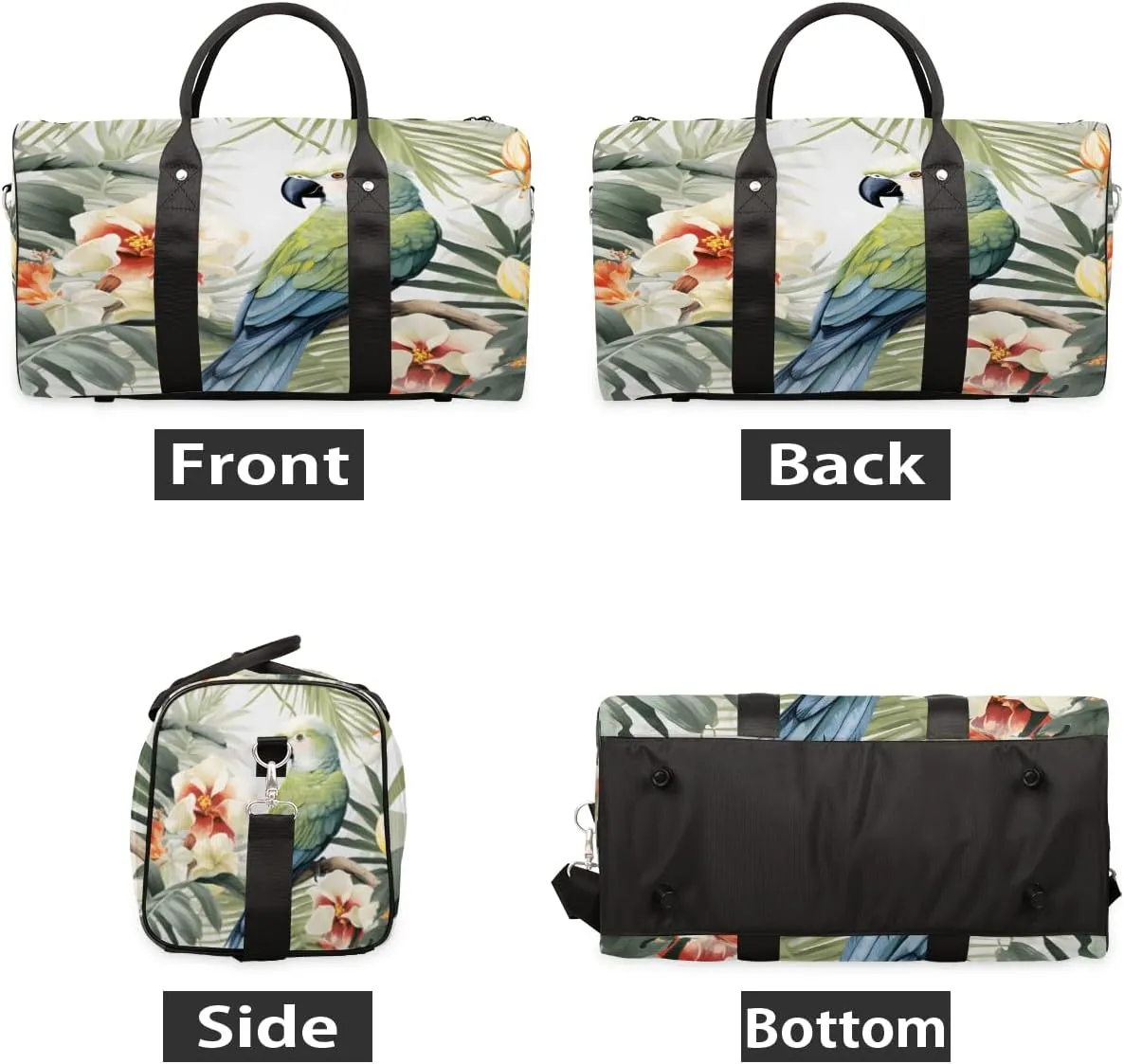 Jungle Parrot Travel Duffle Bag, Sports Gym Bags for Women Men, Carry On Weekender Overnight Bag, Tropical Leaves and Flowers Workout Hospital Airplane Trips Bag
