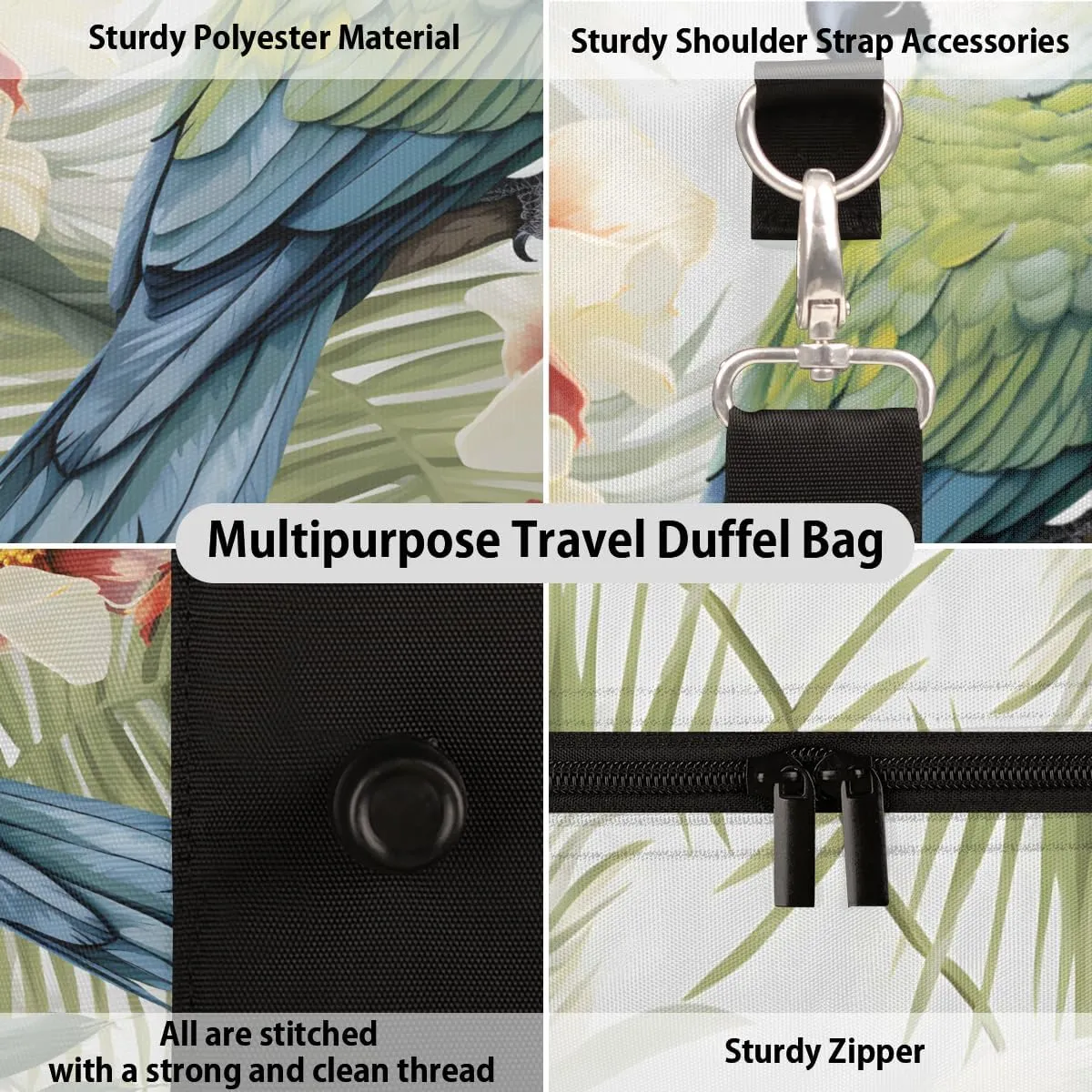 Jungle Parrot Travel Duffle Bag, Sports Gym Bags for Women Men, Carry On Weekender Overnight Bag, Tropical Leaves and Flowers Workout Hospital Airplane Trips Bag