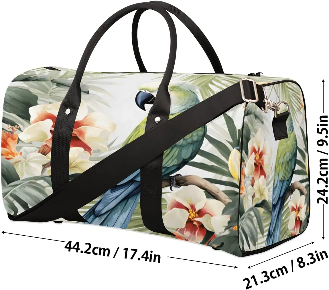 Jungle Parrot Travel Duffle Bag, Sports Gym Bags for Women Men, Carry On Weekender Overnight Bag, Tropical Leaves and Flowers Workout Hospital Airplane Trips Bag