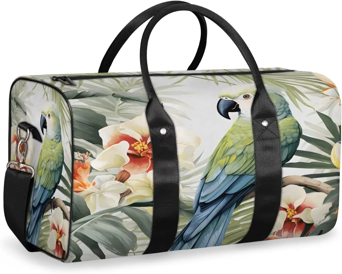 Jungle Parrot Travel Duffle Bag, Sports Gym Bags for Women Men, Carry On Weekender Overnight Bag, Tropical Leaves and Flowers Workout Hospital Airplane Trips Bag