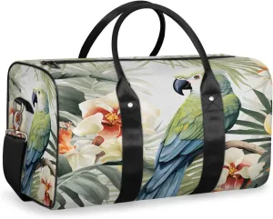 Jungle Parrot Travel Duffle Bag, Sports Gym Bags for Women Men, Carry On Weekender Overnight Bag, Tropical Leaves and Flowers Workout Hospital Airplane Trips Bag