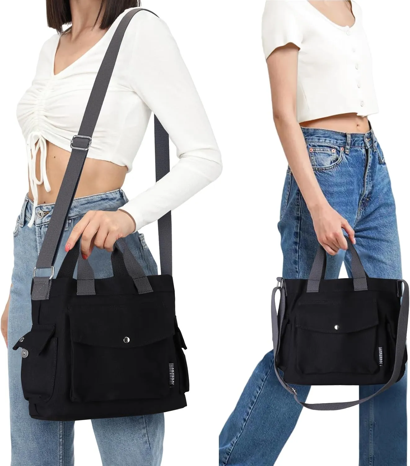 Juoxeepy Canvas Tote Bag with Pockets for Women Crossbody Bag Canvas Shoulder Bag Work Tote Bag Hobo Handbag for Men