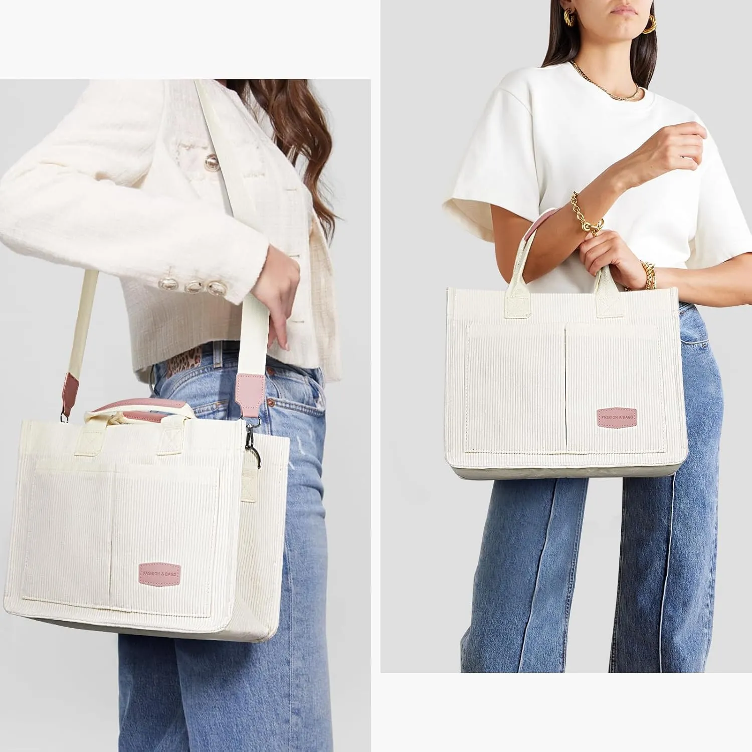 Juoxeepy Corduroy Tote Bag with Multi Pockets Women Fall Winter Bag Shoulder Crossbody Tote Bag Work College Handbag