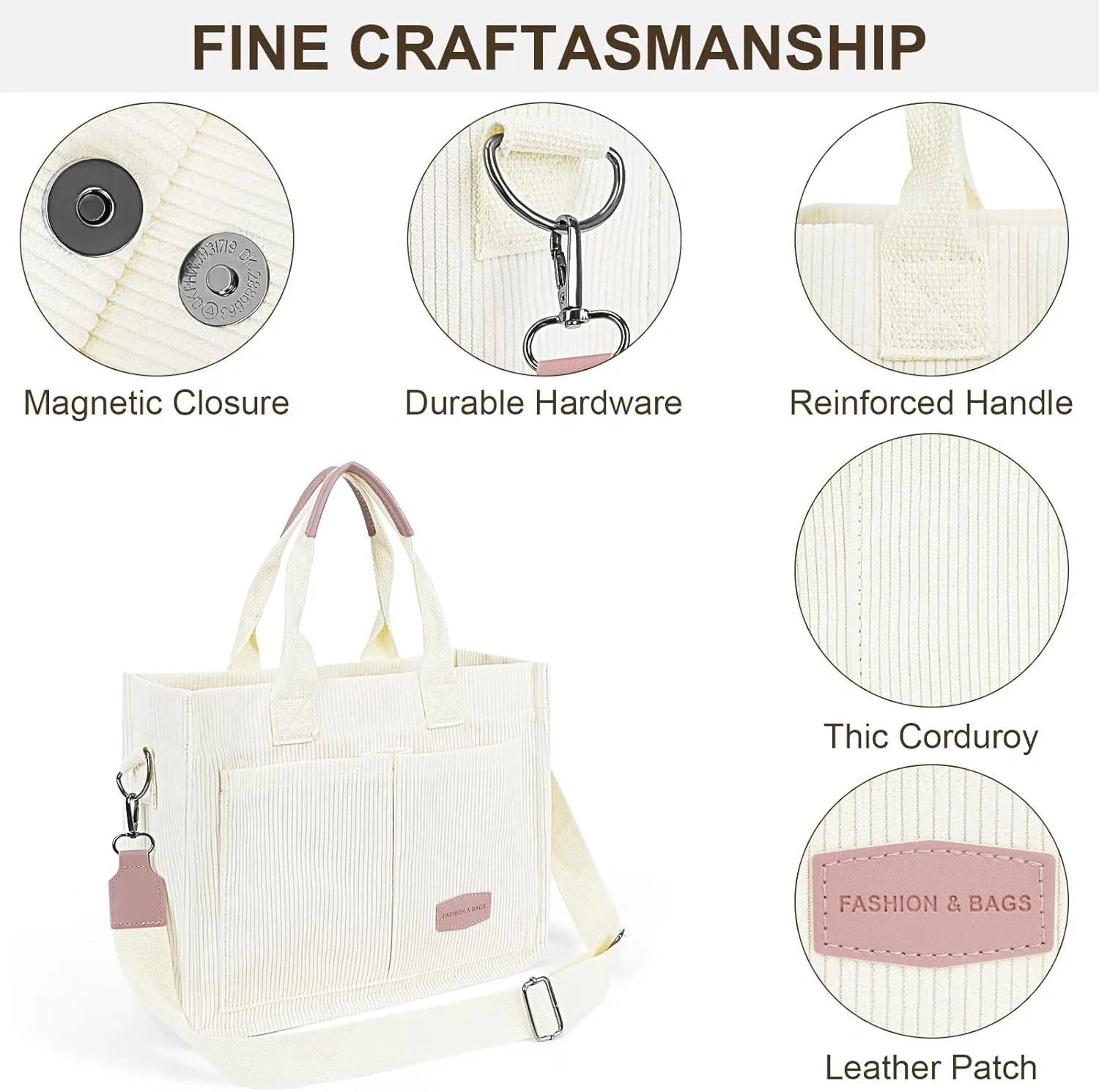 Juoxeepy Corduroy Tote Bag with Multi Pockets Women Fall Winter Bag Shoulder Crossbody Tote Bag Work College Handbag
