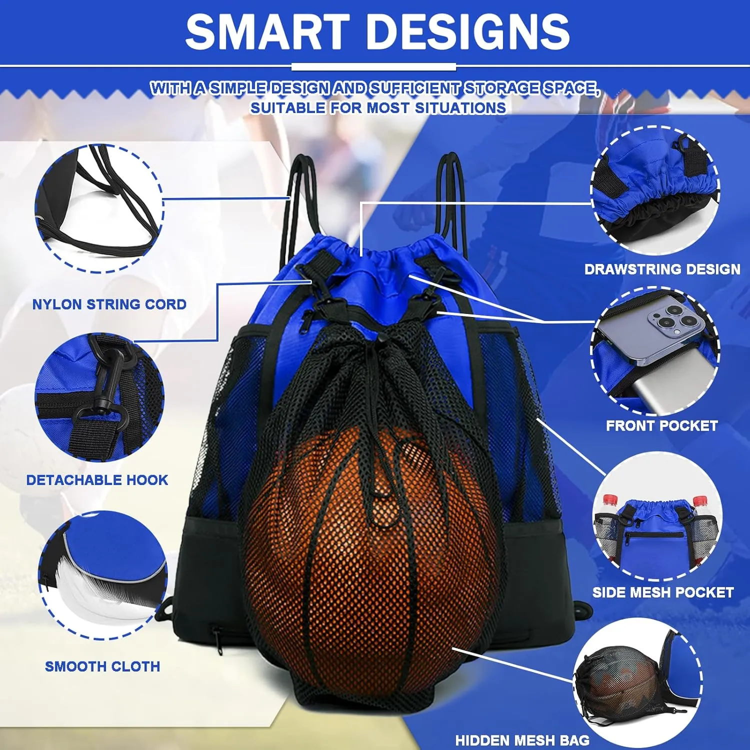 KAEGREEL Drawstring Soccer Bag Basketball Backpack for Kids Teens, Foldable Sports Bags Detachable Ball Mesh Bag for Gym Yoga Football Baseball