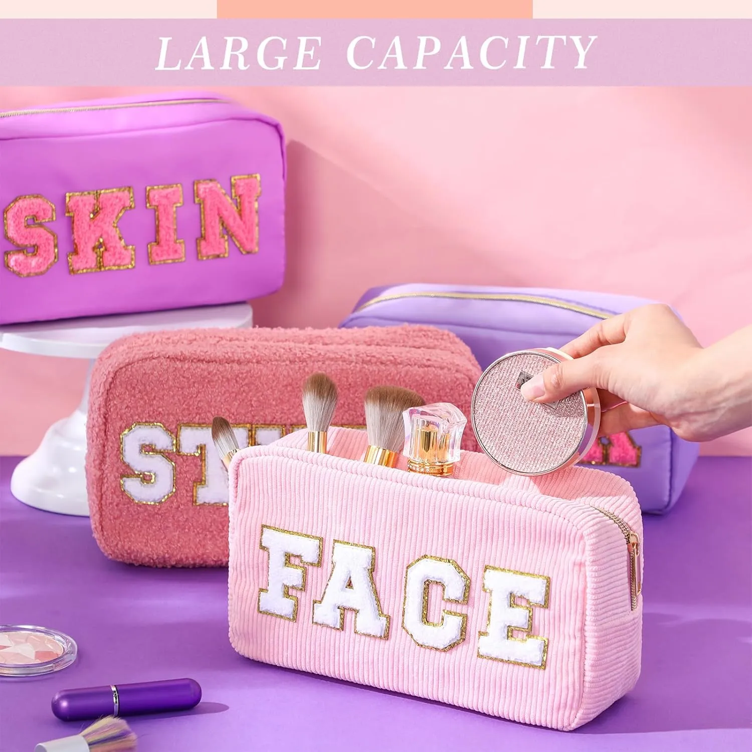 Kajaia 4 Pcs Preppy Makeup Bags Chenille Letter Stuff Bag Cute Cosmetic Pouch Cases for Women Trave Toiletry spend the night(Pink, Purple,Cute)