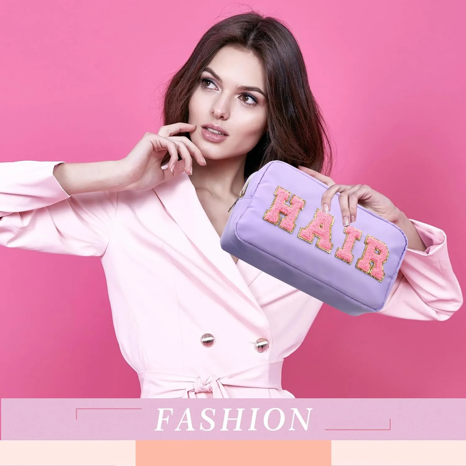 Kajaia 4 Pcs Preppy Makeup Bags Chenille Letter Stuff Bag Cute Cosmetic Pouch Cases for Women Trave Toiletry spend the night(Pink, Purple,Cute)