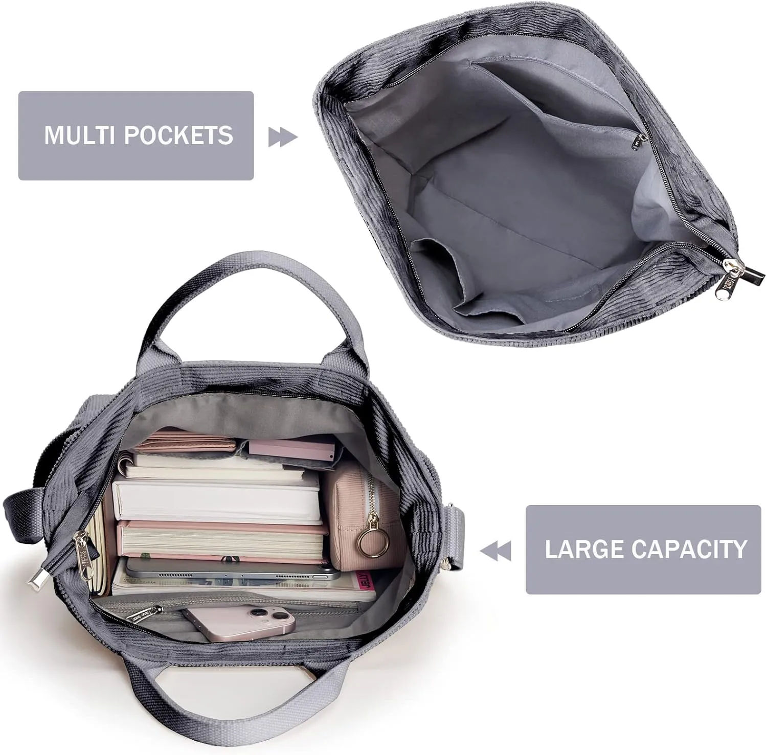 KALIDI Corduroy Tote Bag, Large Messenger Bag Shoulder Hobo Anti Splash Crossbody Zipper Bag Casual Work Shopping Women