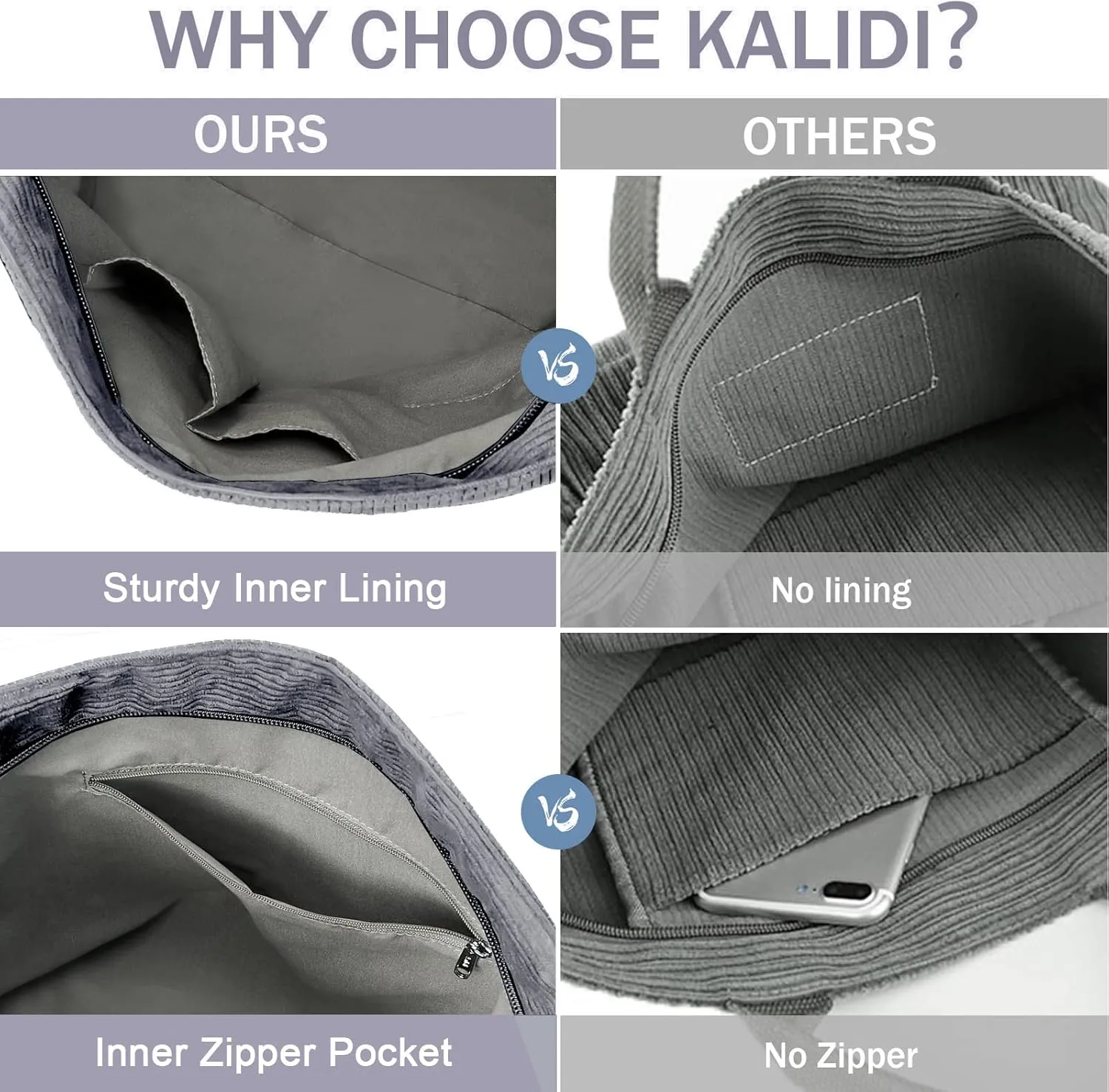 KALIDI Corduroy Tote Bag, Large Messenger Bag Shoulder Hobo Anti Splash Crossbody Zipper Bag Casual Work Shopping Women