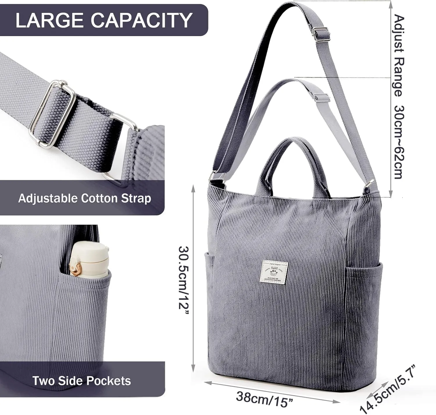 KALIDI Corduroy Tote Bag, Large Messenger Bag Shoulder Hobo Anti Splash Crossbody Zipper Bag Casual Work Shopping Women