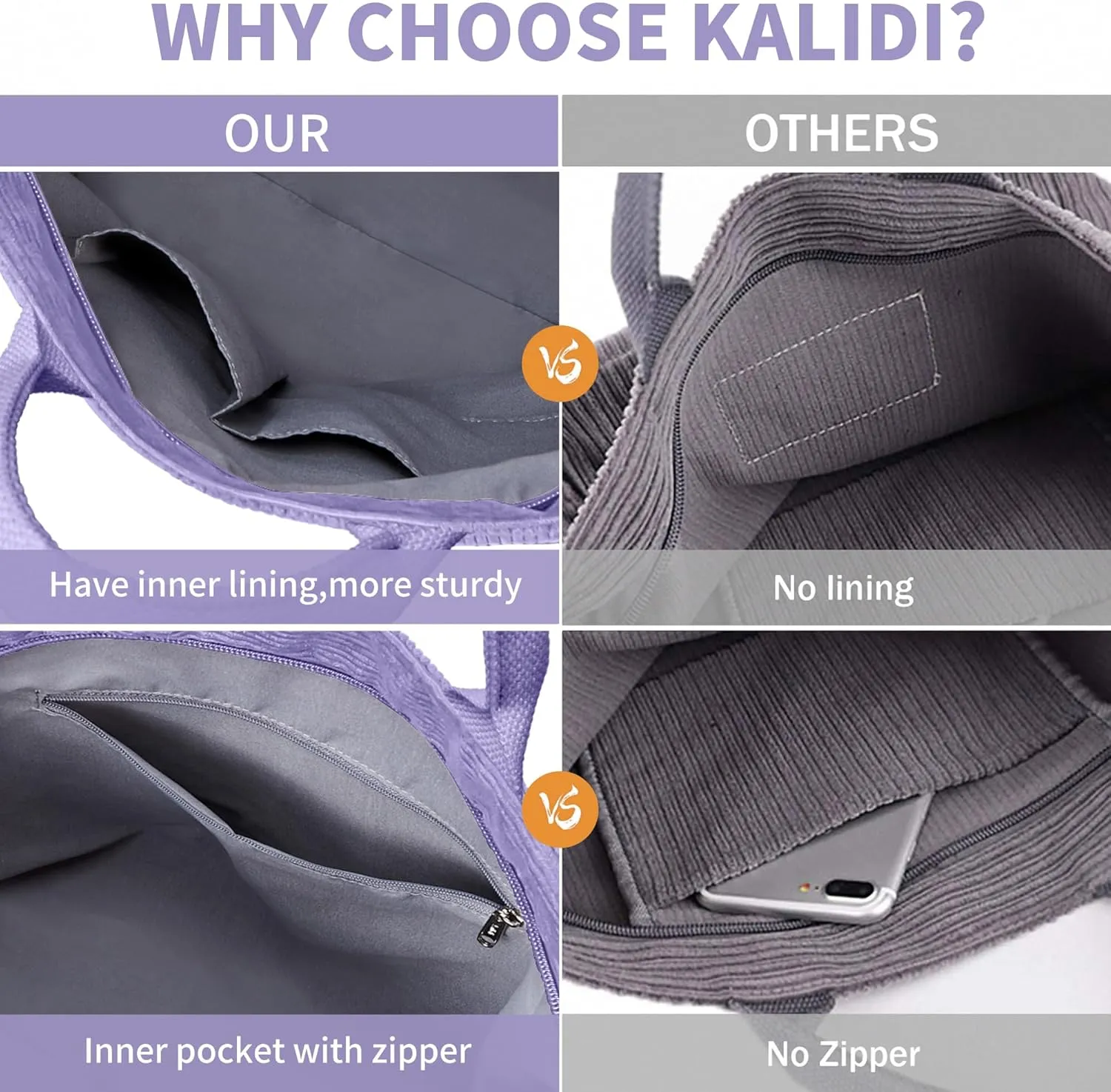 KALIDI Corduroy Tote Bag, Large Messenger Bag Shoulder Hobo Anti Splash Crossbody Zipper Bag Casual Work Shopping Women