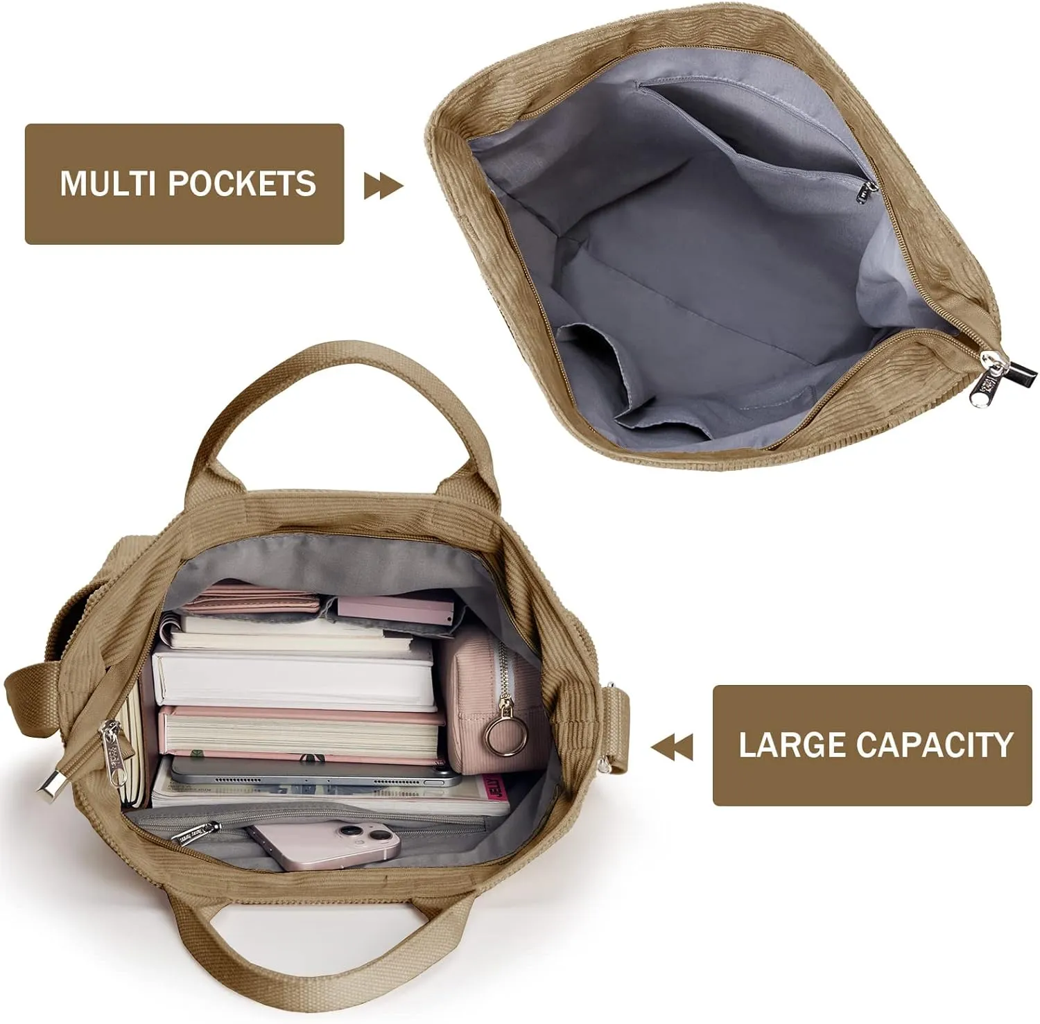 KALIDI Corduroy Tote Bag, Large Messenger Bag Shoulder Hobo Anti Splash Crossbody Zipper Bag Casual Work Shopping Women