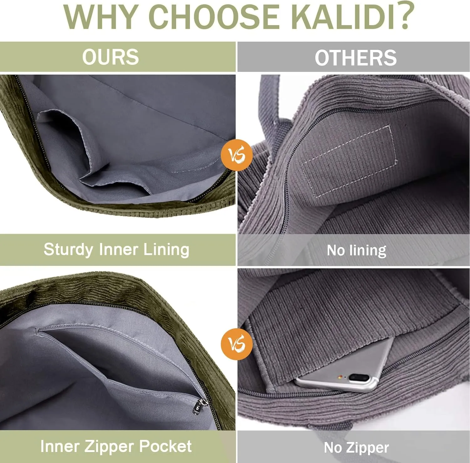 KALIDI Corduroy Tote Bag, Large Messenger Bag Shoulder Hobo Anti Splash Crossbody Zipper Bag Casual Work Shopping Women