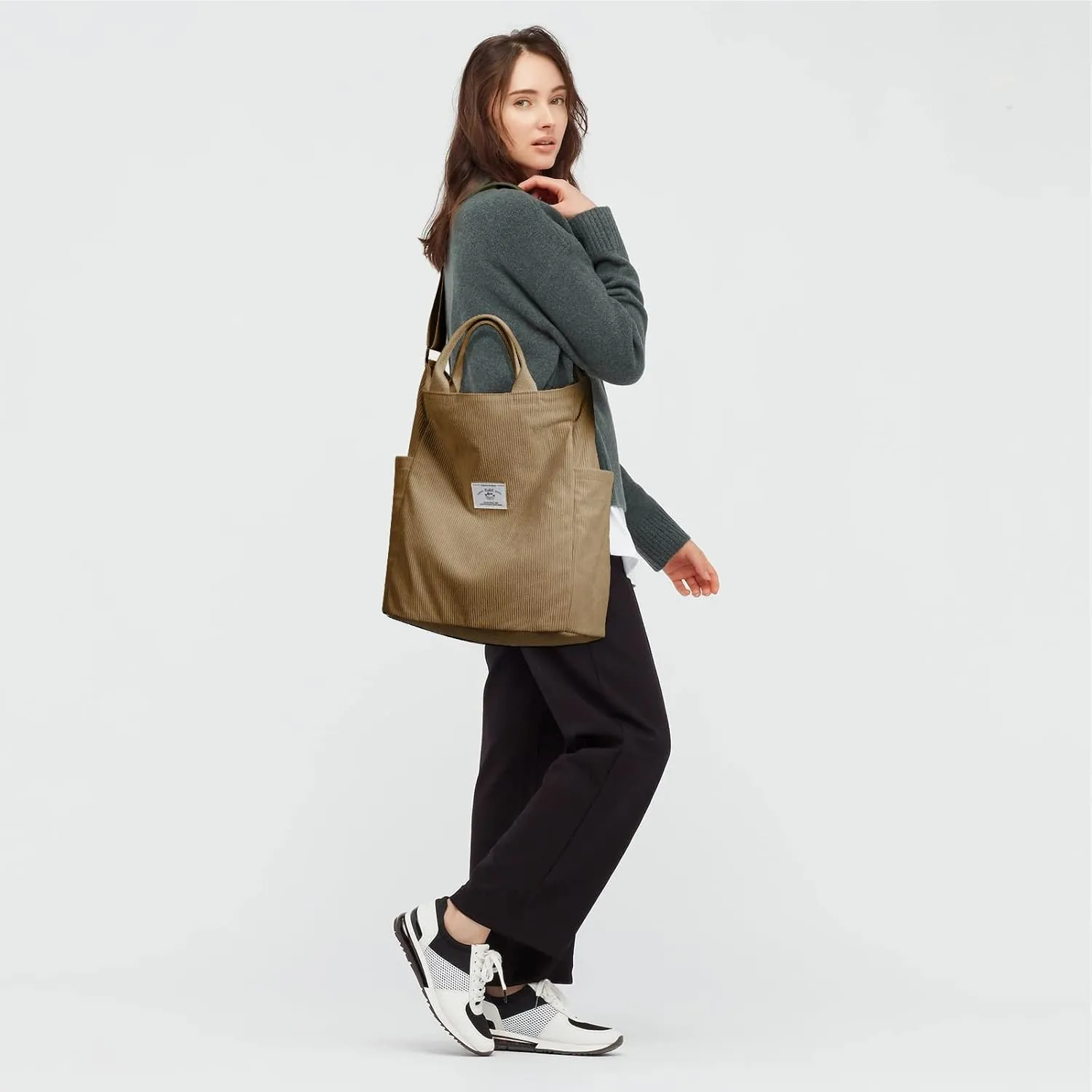 KALIDI Corduroy Tote Bag, Large Messenger Bag Shoulder Hobo Anti Splash Crossbody Zipper Bag Casual Work Shopping Women