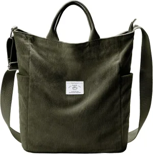 KALIDI Corduroy Tote Bag, Large Messenger Bag Shoulder Hobo Anti Splash Crossbody Zipper Bag Casual Work Shopping Women