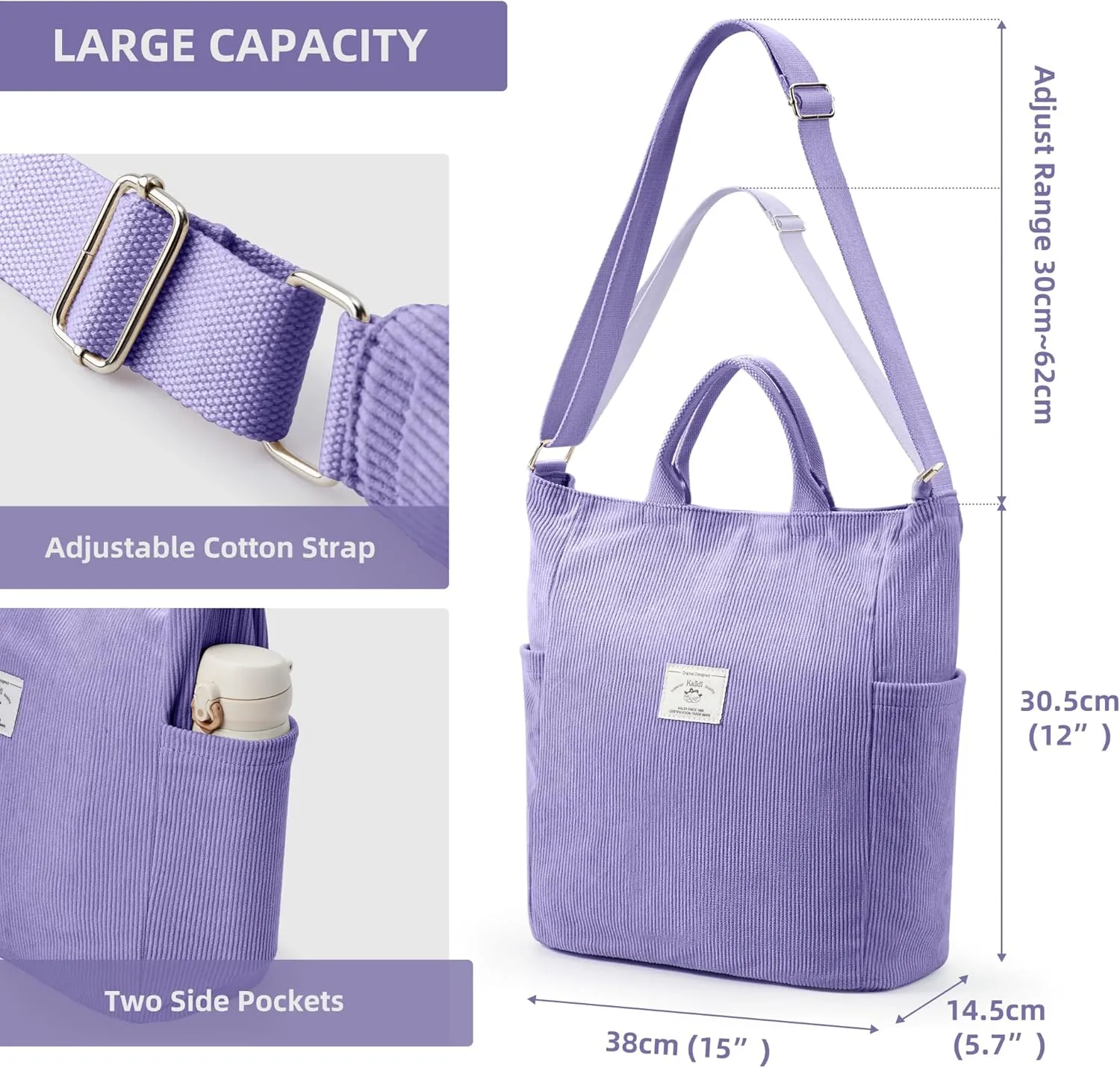 KALIDI Corduroy Tote Bag, Large Messenger Bag Shoulder Hobo Anti Splash Crossbody Zipper Bag Casual Work Shopping Women