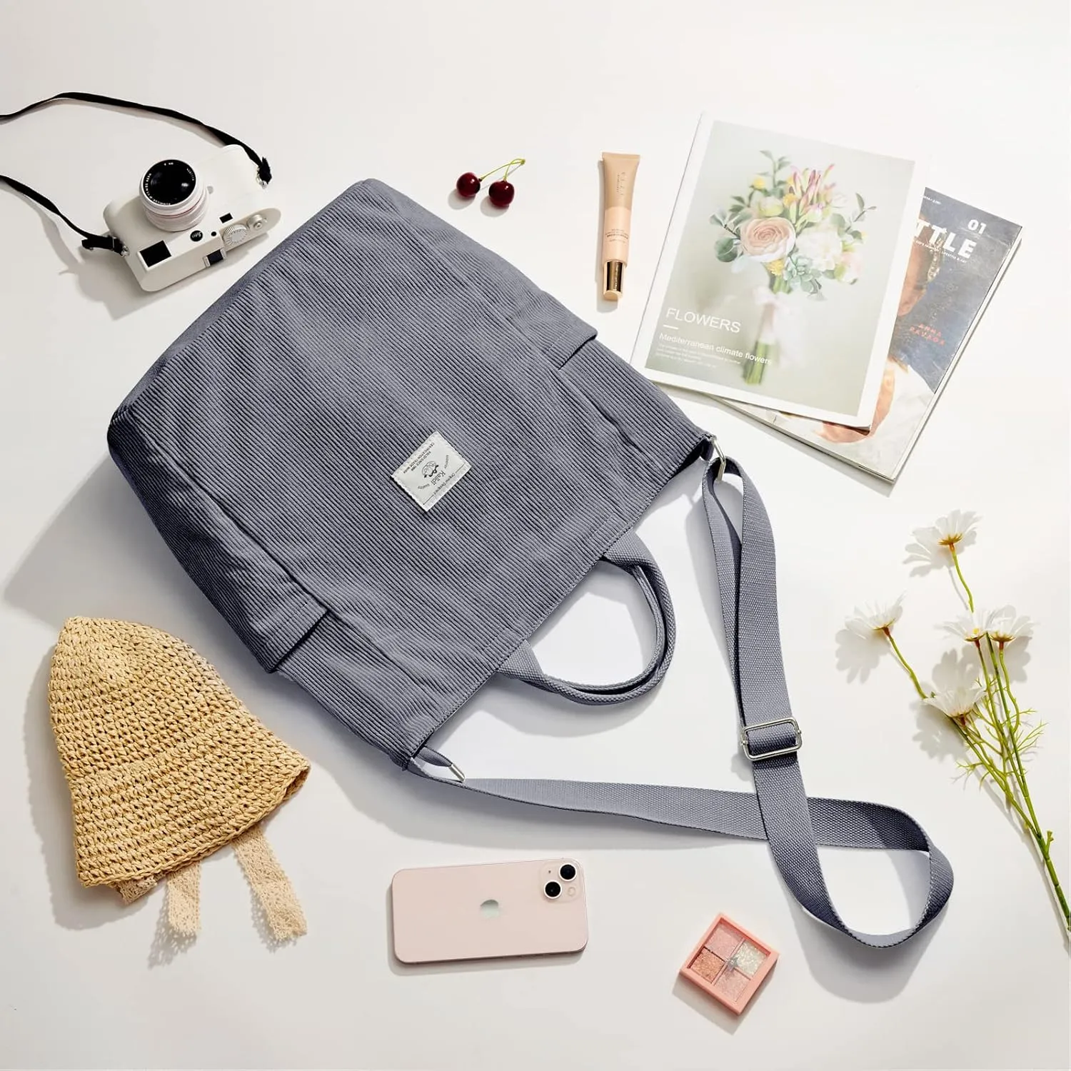 KALIDI Corduroy Tote Bag, Large Messenger Bag Shoulder Hobo Anti Splash Crossbody Zipper Bag Casual Work Shopping Women