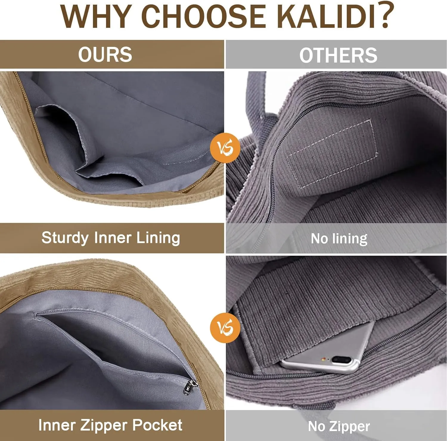 KALIDI Corduroy Tote Bag, Large Messenger Bag Shoulder Hobo Anti Splash Crossbody Zipper Bag Casual Work Shopping Women