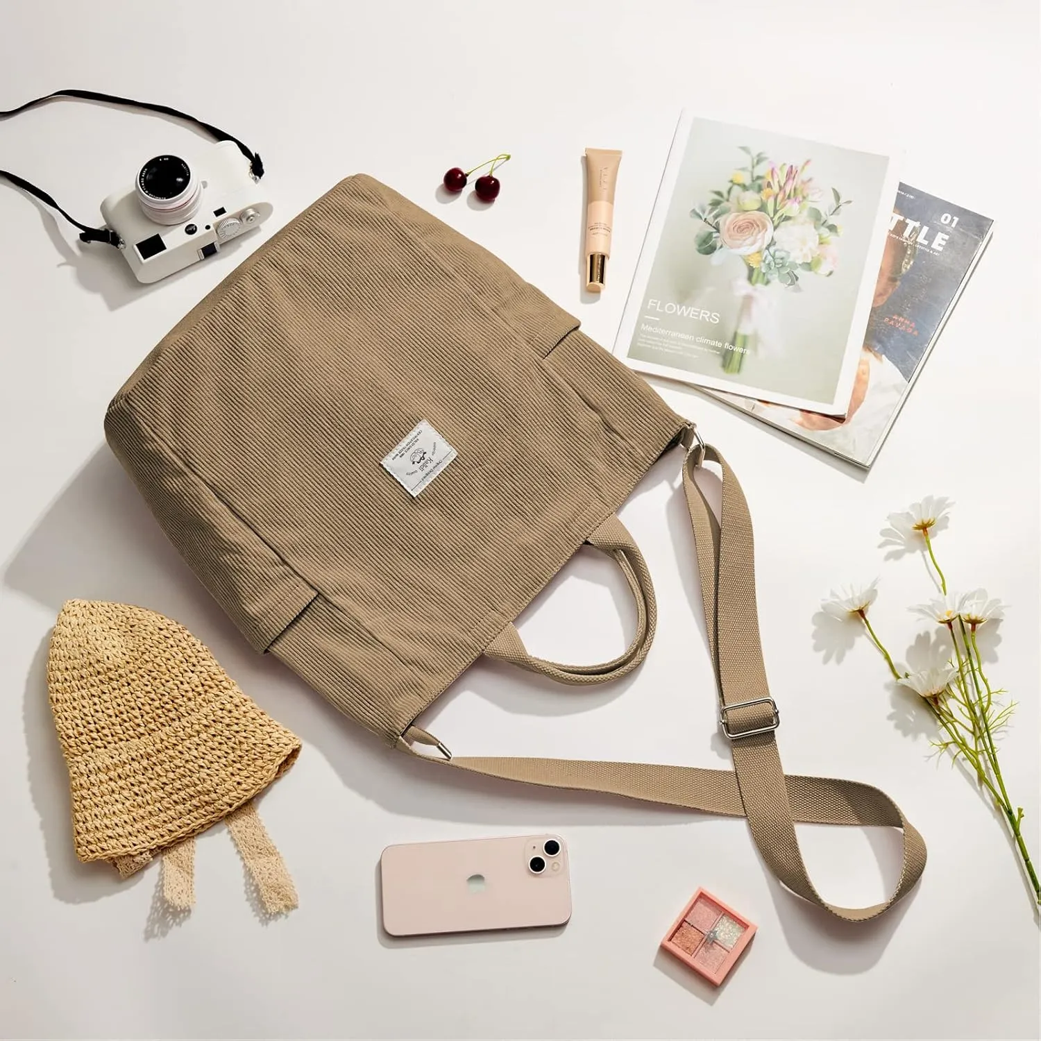 KALIDI Corduroy Tote Bag, Large Messenger Bag Shoulder Hobo Anti Splash Crossbody Zipper Bag Casual Work Shopping Women