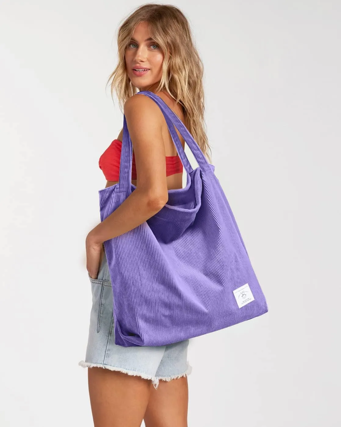 KALIDI Women Corduroy Tote Bag Zipper Casual Tote's Handbag Big Capacity Shoulder Bag with Pockets