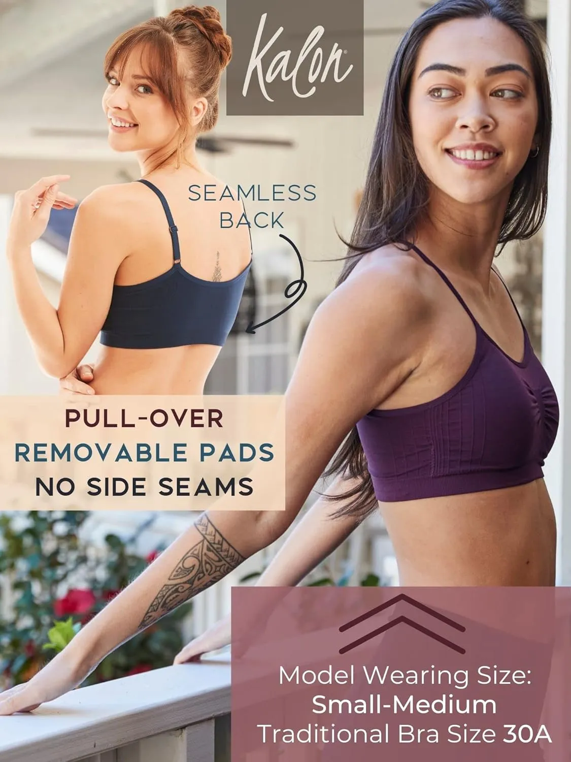 Kalon 4 Pack Women’s Nylon Spandex Removable Pads Comfort Cami Bras Wireless