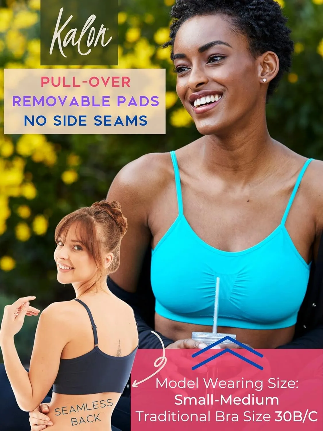 Kalon 4 Pack Women’s Nylon Spandex Removable Pads Comfort Cami Bras Wireless