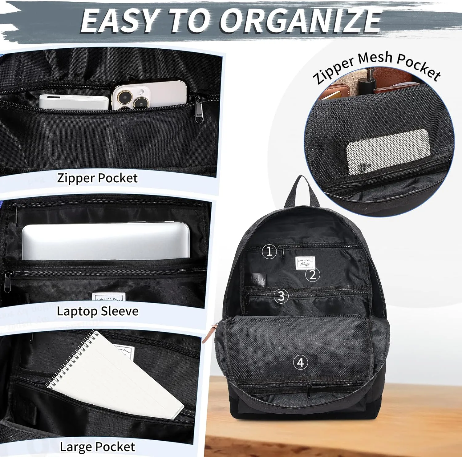 Kasqo School Backpack, Classic Lightweight 14-15.6 Inch Laptop Bookbag for Men Women Teens Girls Boys College