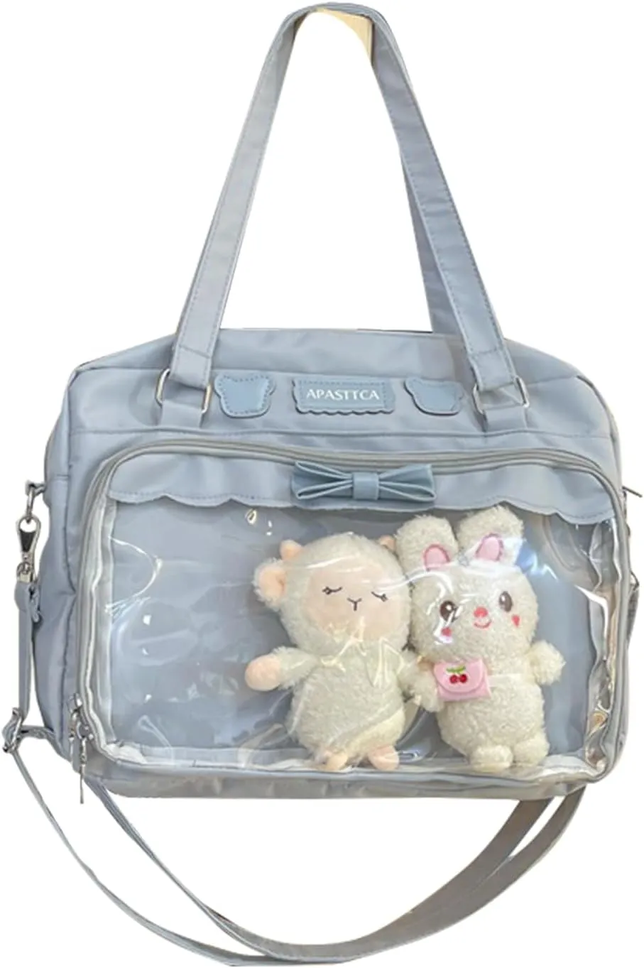 Kawaii Crossbody Bags Japanese Ita Bag Aesthetic Messenger Style Clear Compartment & 2 Cute Plush Dolls for Women (Blue)