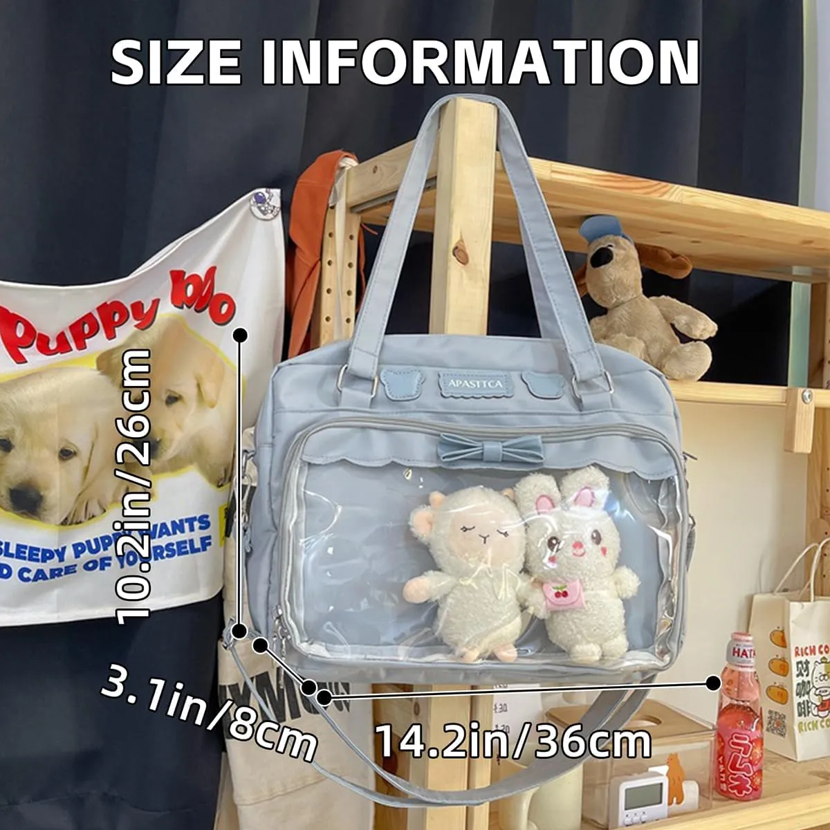 Kawaii Crossbody Bags Japanese Ita Bag Aesthetic Messenger Style Clear Compartment & 2 Cute Plush Dolls for Women (Blue)