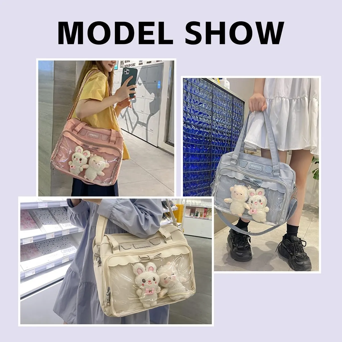 Kawaii Crossbody Bags Japanese Ita Bag Aesthetic Messenger Style Clear Compartment & 2 Cute Plush Dolls for Women (Blue)