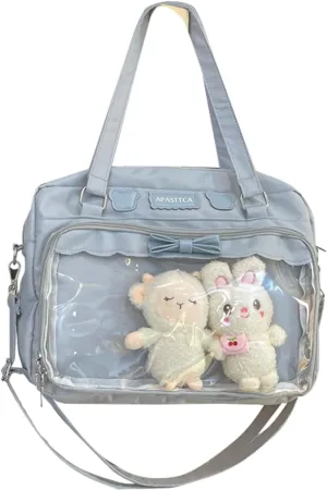 Kawaii Crossbody Bags Japanese Ita Bag Aesthetic Messenger Style Clear Compartment & 2 Cute Plush Dolls for Women (Blue)