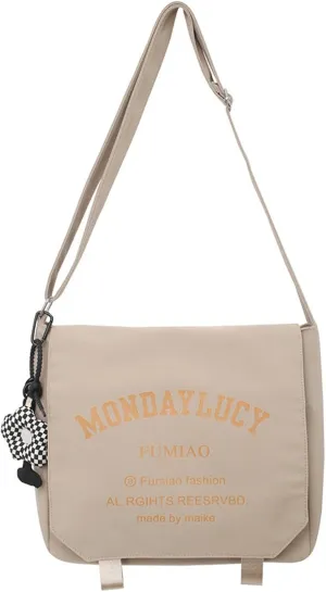 Kawaii Crossbody Tote Shoulder Bag with Cute Plush Pendant Aesthetic Casual Travel Backpack (Khaki)