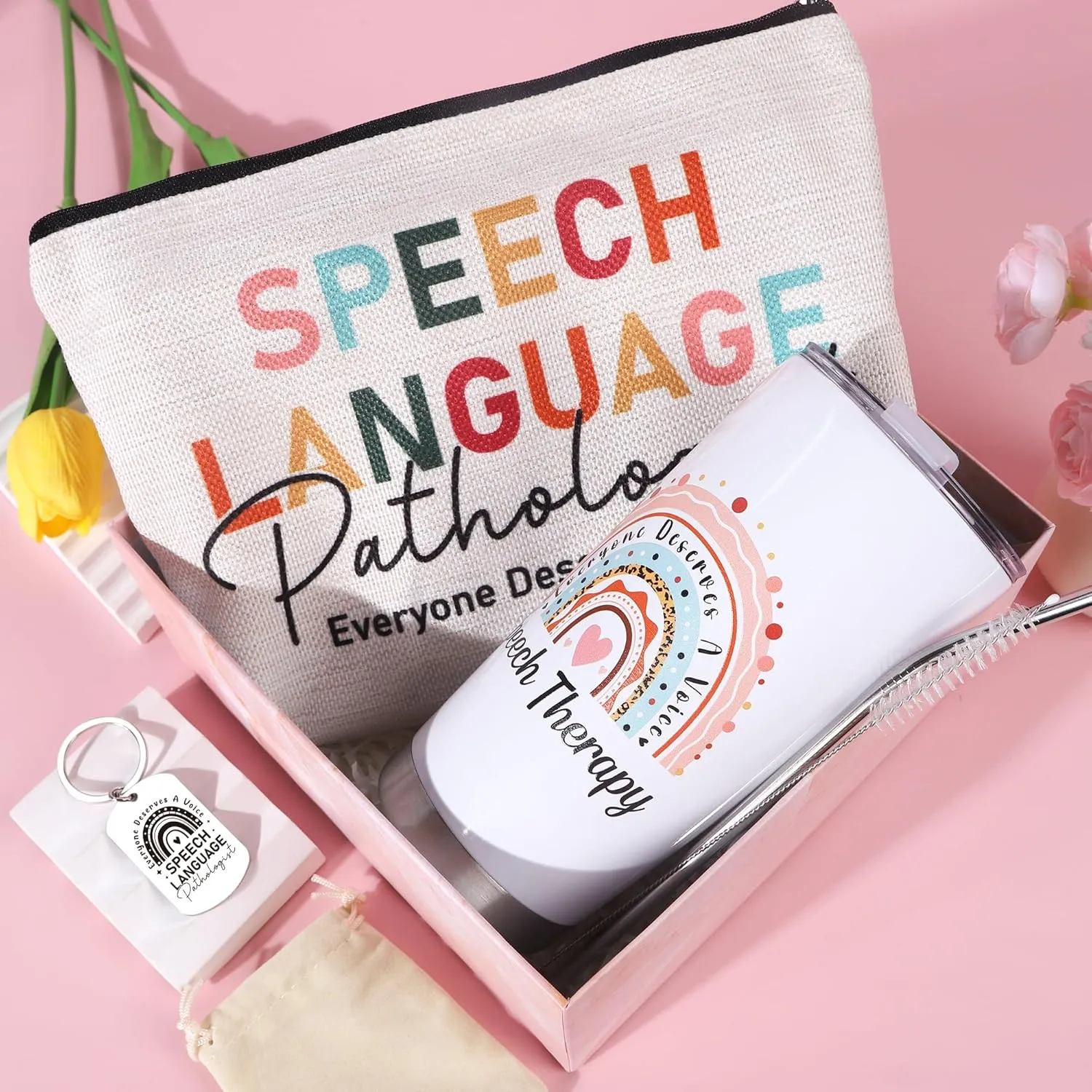 Keluna Speech Therapy Gifts for Women - 3Pcs Speech Therapist Gift Set, 20Oz SLP Tumbler, Speak Language Pathologist Keychain and Makeup Bag, SLP Thank You Appreciation Birthday Christmas Presents